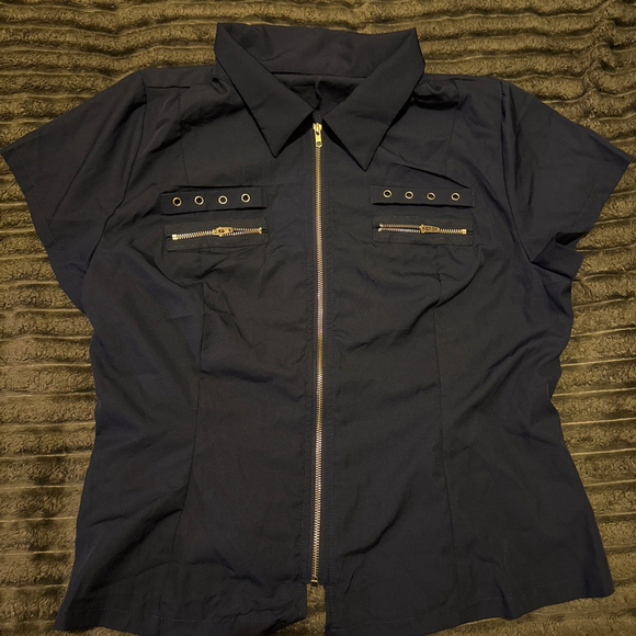 SHEIN Curve Tops - Women's SHEIN Curve Navy Short Sleeve Zip Front Button Down Shirt 2XL